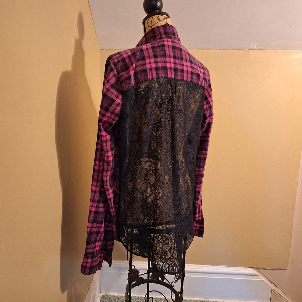 VS Pink, Pink & Black Plaid Button-Up Shirt With Black Lace Back Size Medium